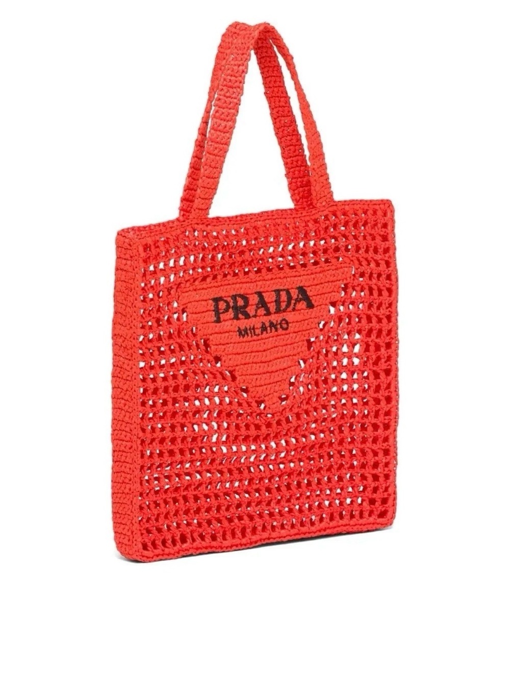 Prada Triangle Logo Orange Crochet Raffia Tote Bag